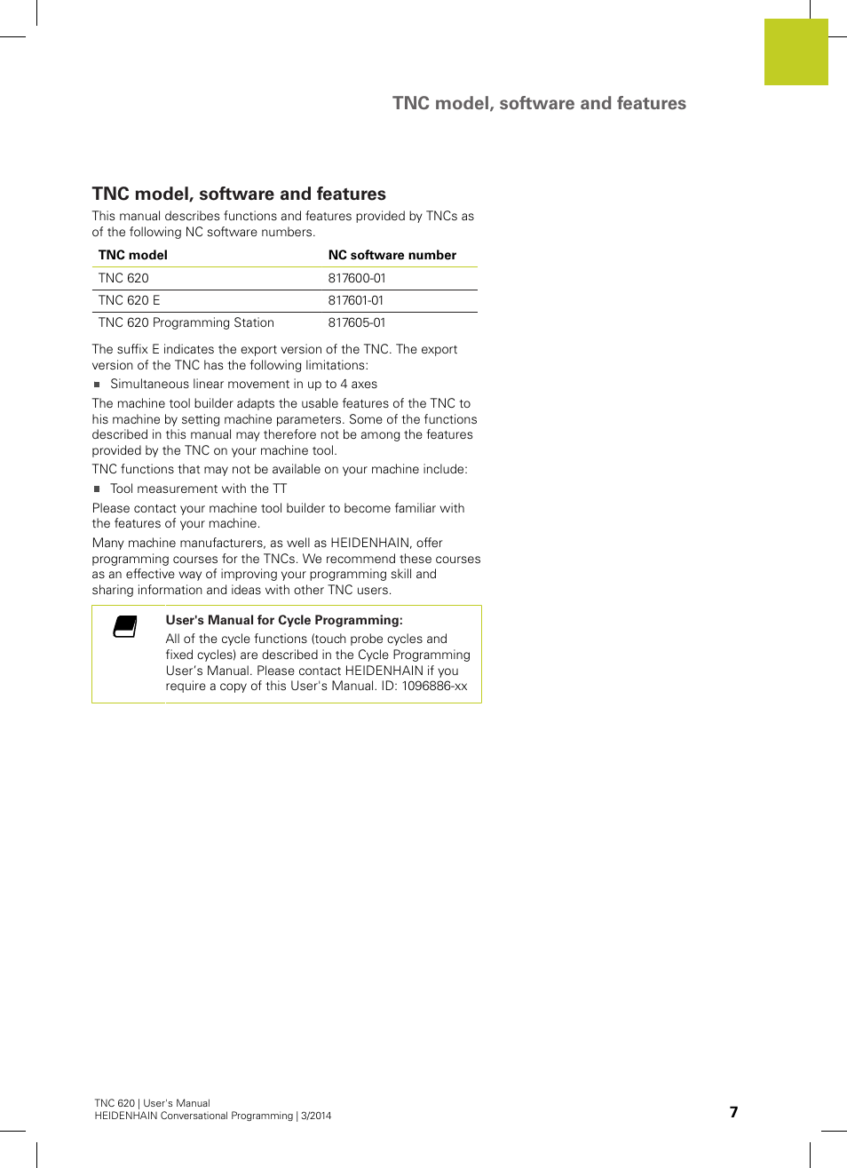 Tnc model, software and features | HEIDENHAIN TNC 620 (81760x-01) User Manual | Page 7 / 616