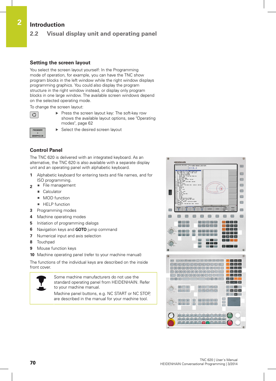 Setting the screen layout, Control panel | HEIDENHAIN TNC 620 (81760x-01) User Manual | Page 70 / 616