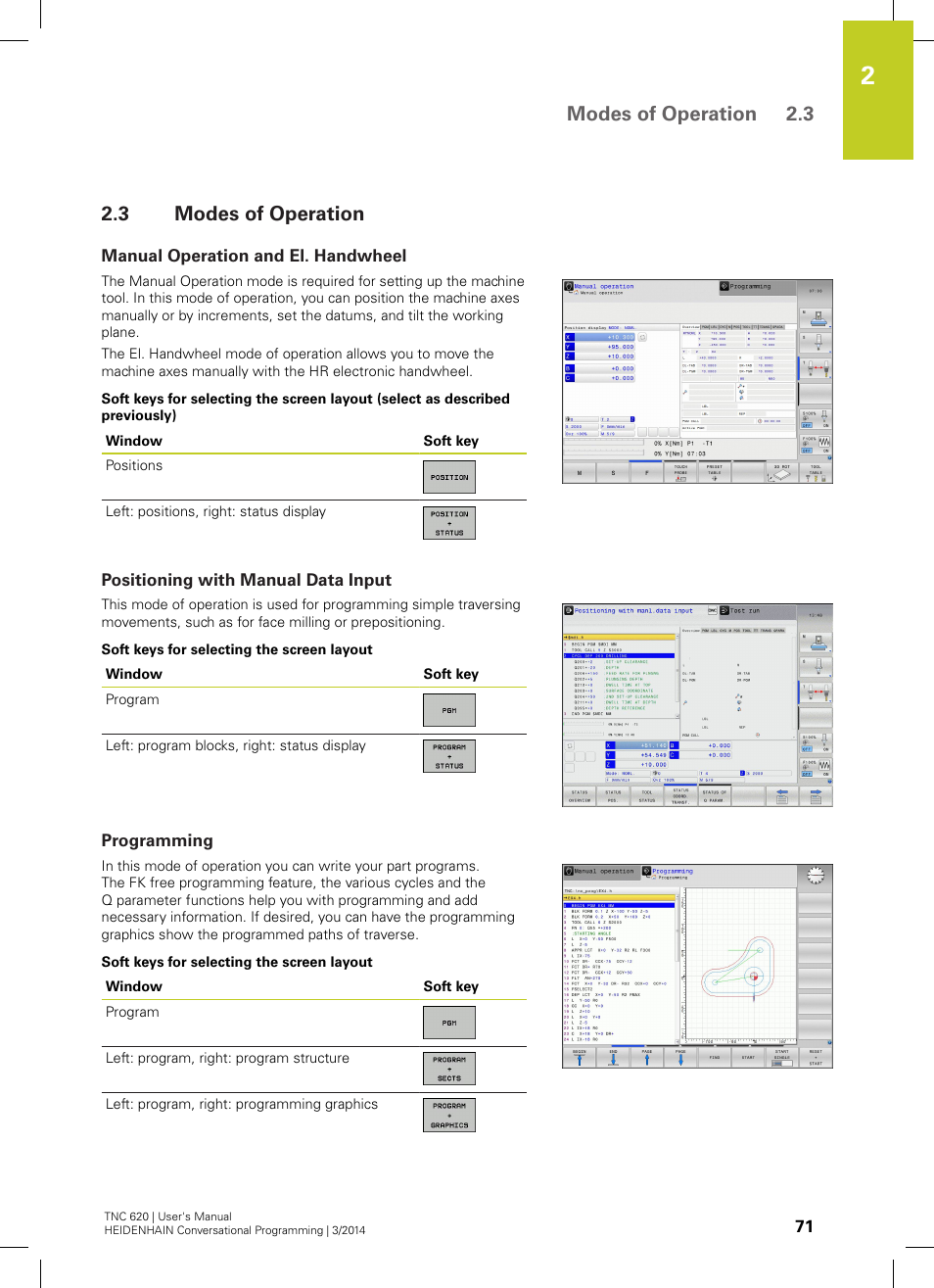 3 modes of operation, Manual operation and el. handwheel, Positioning with manual data input | Programming, Modes of operation, Modes of operation 2.3 | HEIDENHAIN TNC 620 (81760x-01) User Manual | Page 71 / 616