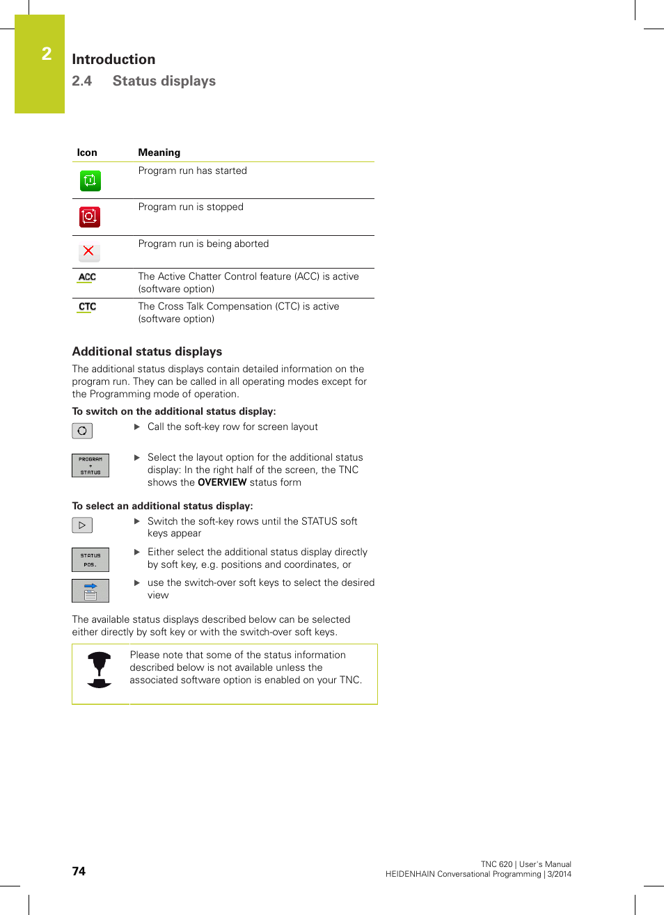 Additional status displays, Introduction 2.4 status displays | HEIDENHAIN TNC 620 (81760x-01) User Manual | Page 74 / 616