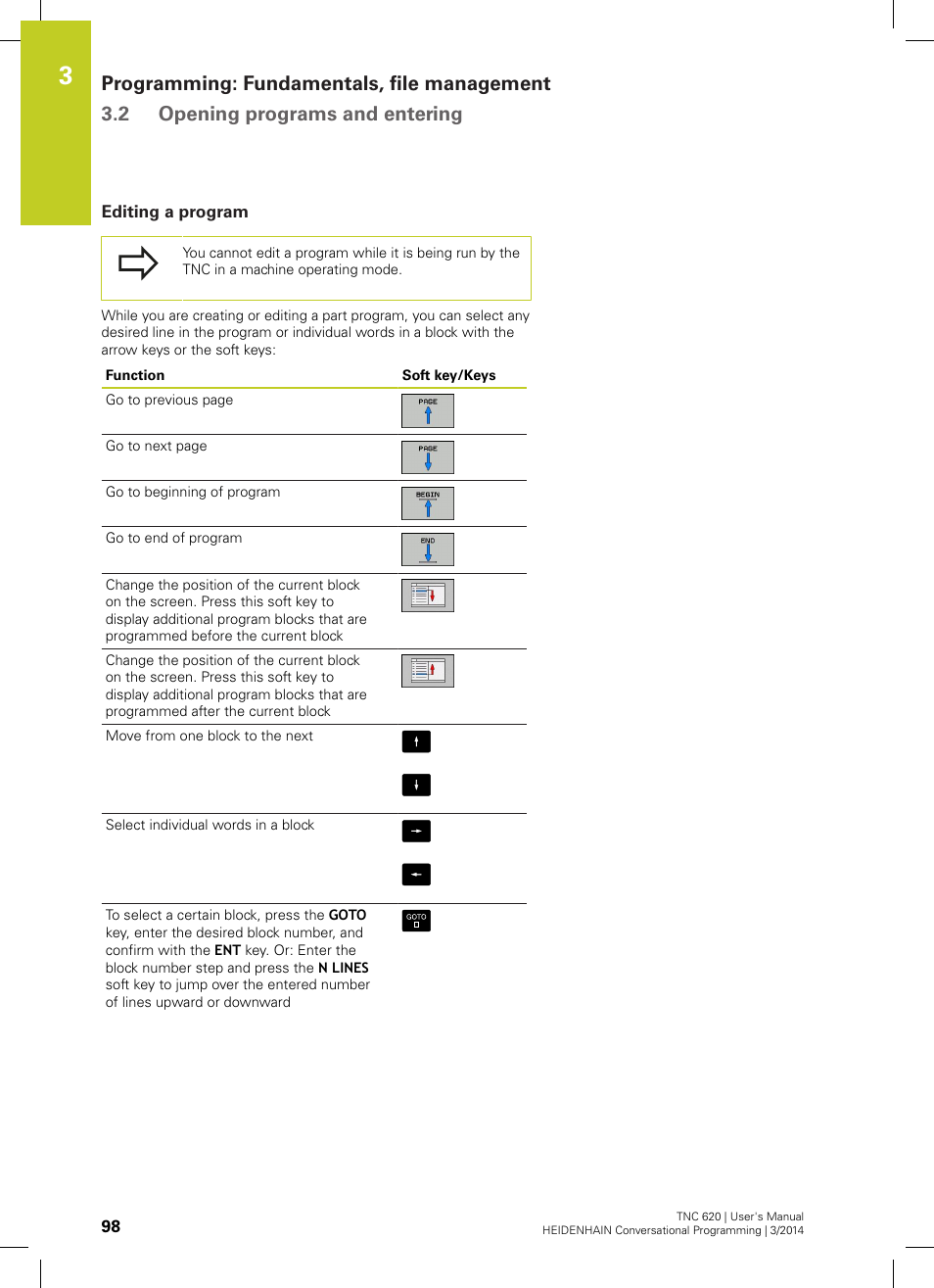 Editing a program | HEIDENHAIN TNC 620 (81760x-01) User Manual | Page 98 / 616