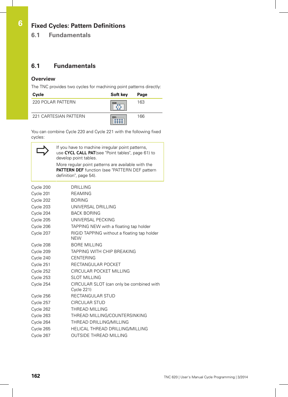 1 fundamentals, Overview, Fundamentals | Fixed cycles: pattern definitions 6.1 fundamentals | HEIDENHAIN TNC 620 (81760x-01) Cycle programming User Manual | Page 162 / 488