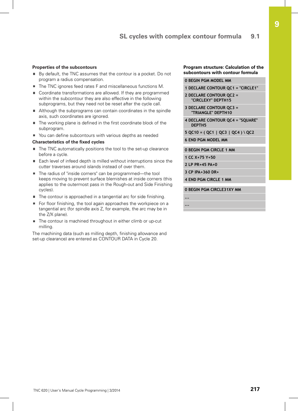 Sl cycles with complex contour formula 9.1 | HEIDENHAIN TNC 620 (81760x-01) Cycle programming User Manual | Page 217 / 488