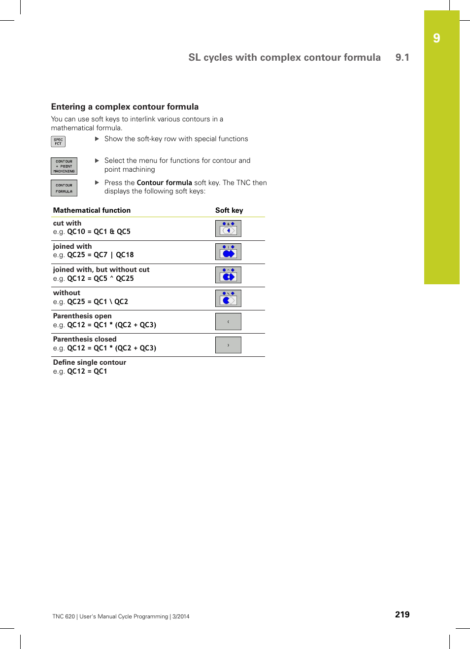 Entering a complex contour formula, Sl cycles with complex contour formula 9.1 | HEIDENHAIN TNC 620 (81760x-01) Cycle programming User Manual | Page 219 / 488