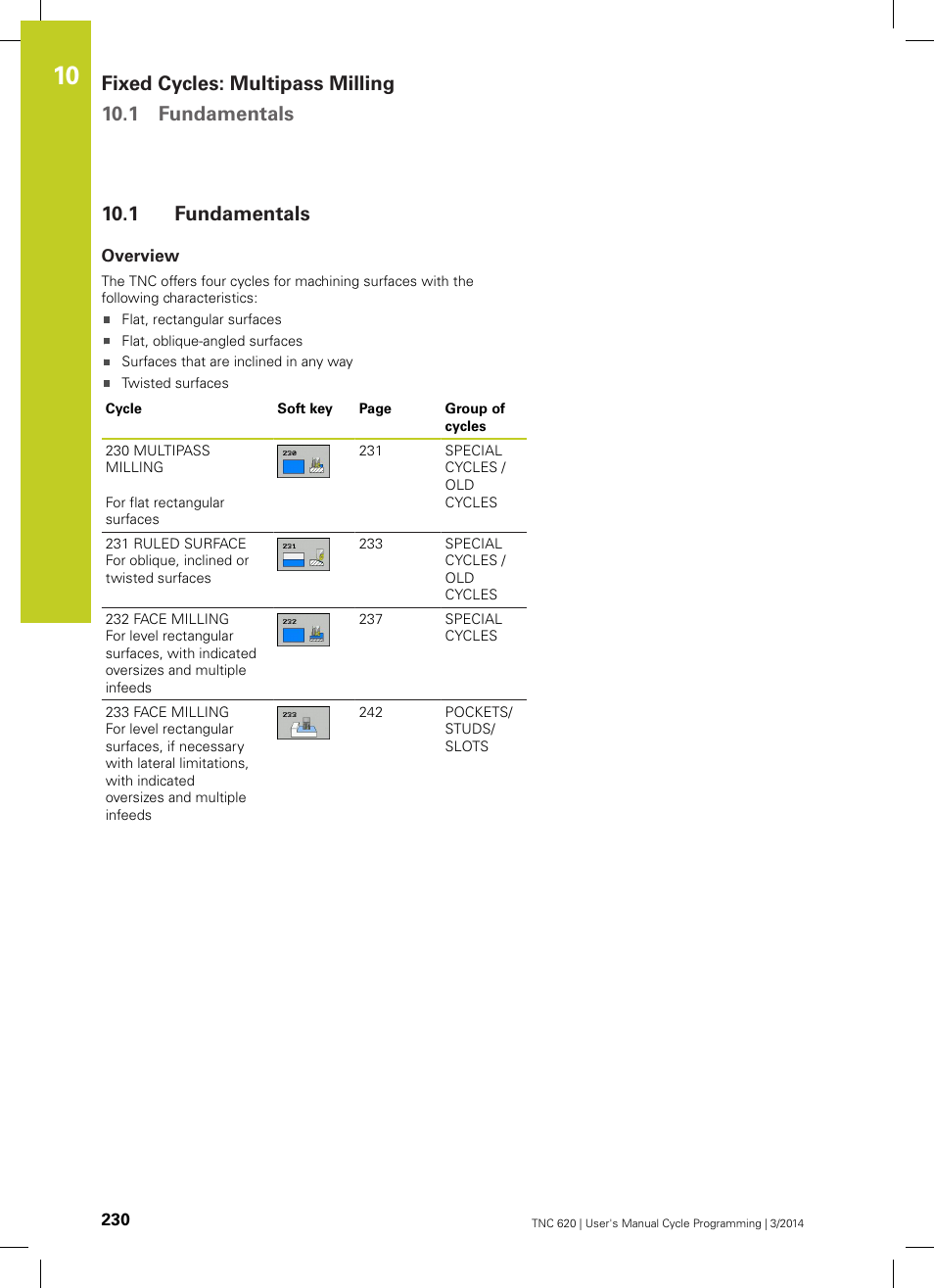 1 fundamentals, Overview, Fundamentals | Fixed cycles: multipass milling 10.1 fundamentals | HEIDENHAIN TNC 620 (81760x-01) Cycle programming User Manual | Page 230 / 488
