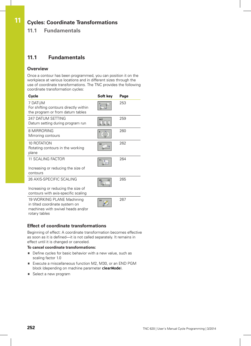 1 fundamentals, Overview, Effect of coordinate transformations | Fundamentals | HEIDENHAIN TNC 620 (81760x-01) Cycle programming User Manual | Page 252 / 488