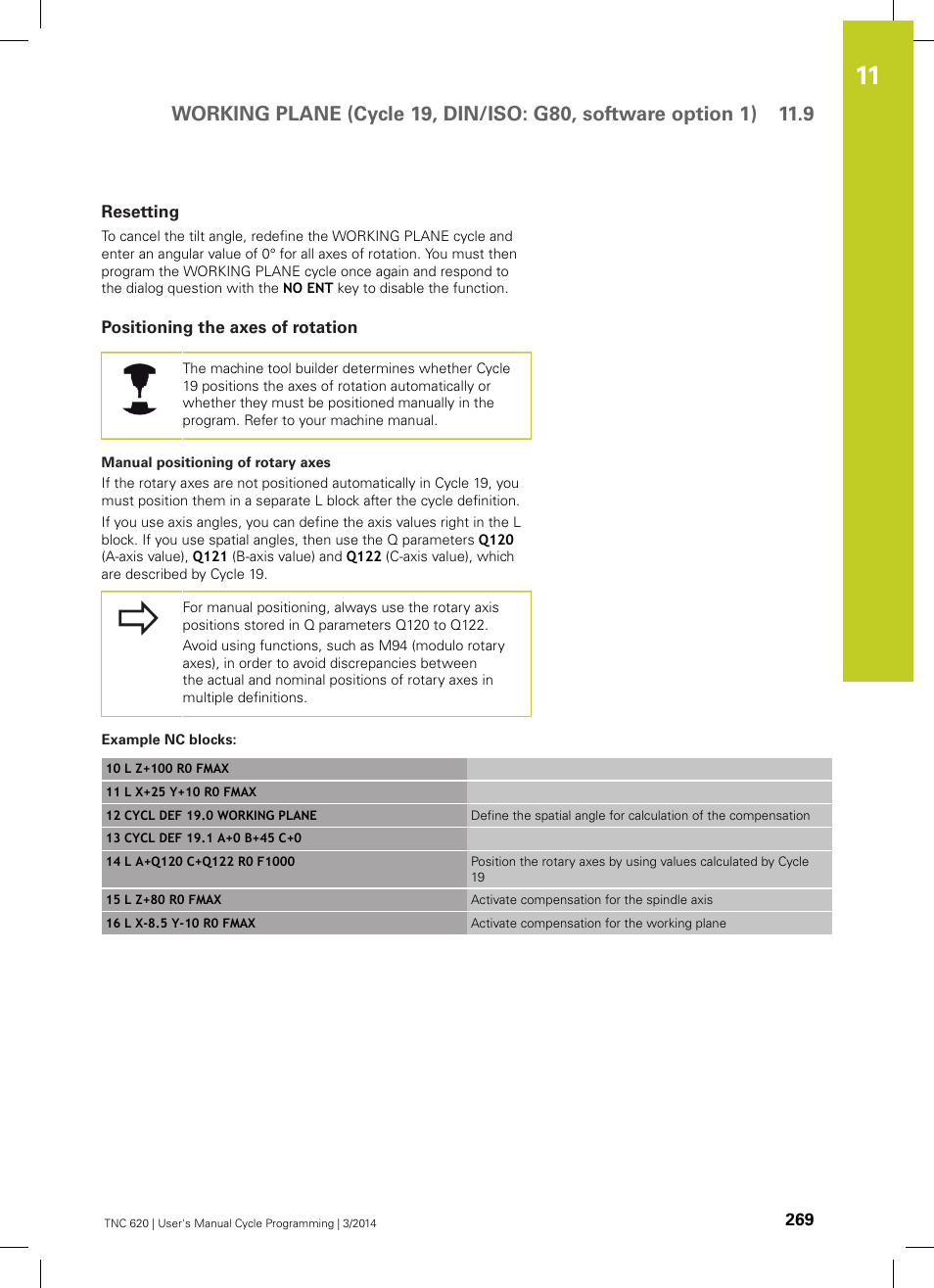Resetting, Positioning the axes of rotation, Example nc blocks | HEIDENHAIN TNC 620 (81760x-01) Cycle programming User Manual | Page 269 / 488