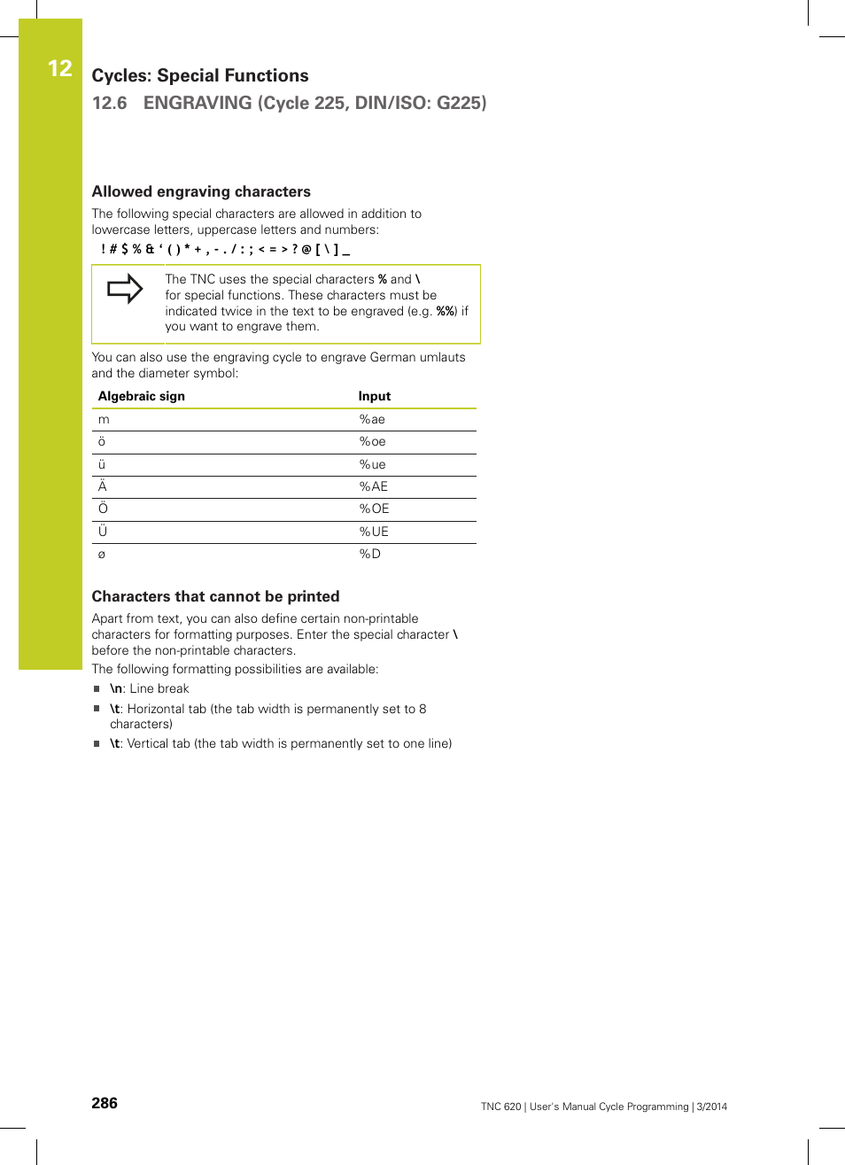 Allowed engraving characters, Characters that cannot be printed | HEIDENHAIN TNC 620 (81760x-01) Cycle programming User Manual | Page 286 / 488