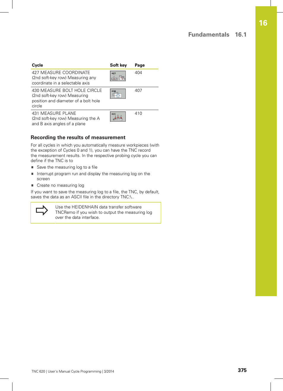Recording the results of measurement, Fundamentals 16.1 | HEIDENHAIN TNC 620 (81760x-01) Cycle programming User Manual | Page 375 / 488