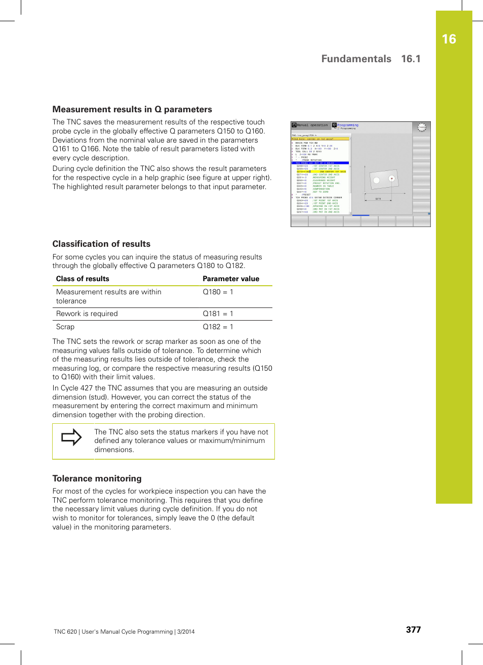 Measurement results in q parameters, Classification of results, Tolerance monitoring | Fundamentals 16.1 | HEIDENHAIN TNC 620 (81760x-01) Cycle programming User Manual | Page 377 / 488