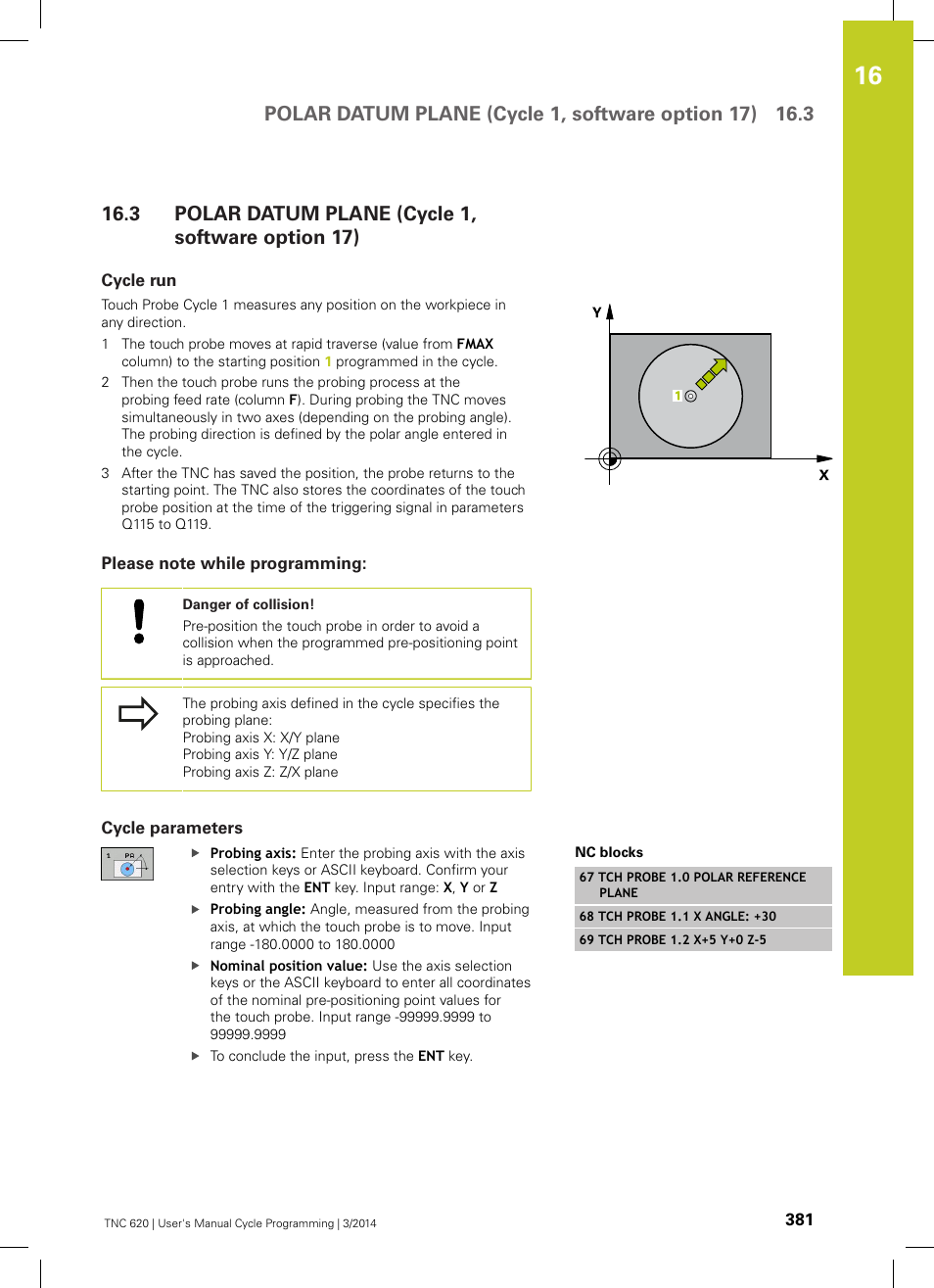 3 polar datum plane (cycle 1, software option 17), Cycle run, Please note while programming | Cycle parameters, Polar datum plane (cycle 1, software option 17) | HEIDENHAIN TNC 620 (81760x-01) Cycle programming User Manual | Page 381 / 488