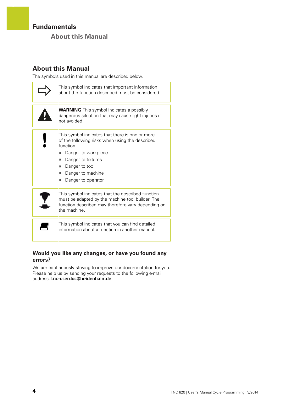 About this manual, Fundamentals about this manual | HEIDENHAIN TNC 620 (81760x-01) Cycle programming User Manual | Page 4 / 488