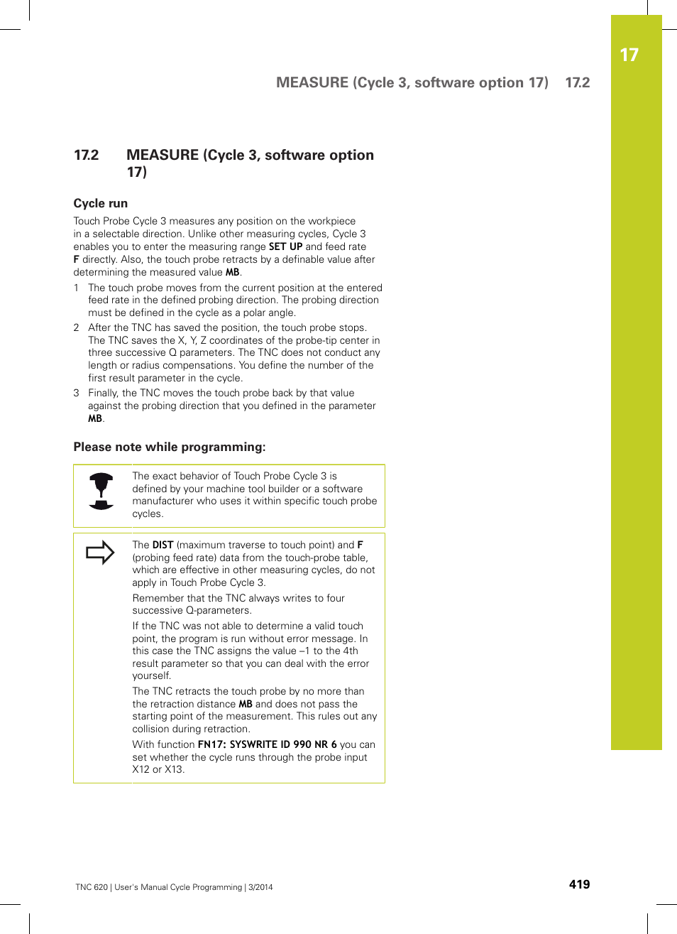 2 measure (cycle 3, software option 17), Cycle run, Please note while programming | Measure (cycle 3, software option 17) | HEIDENHAIN TNC 620 (81760x-01) Cycle programming User Manual | Page 419 / 488