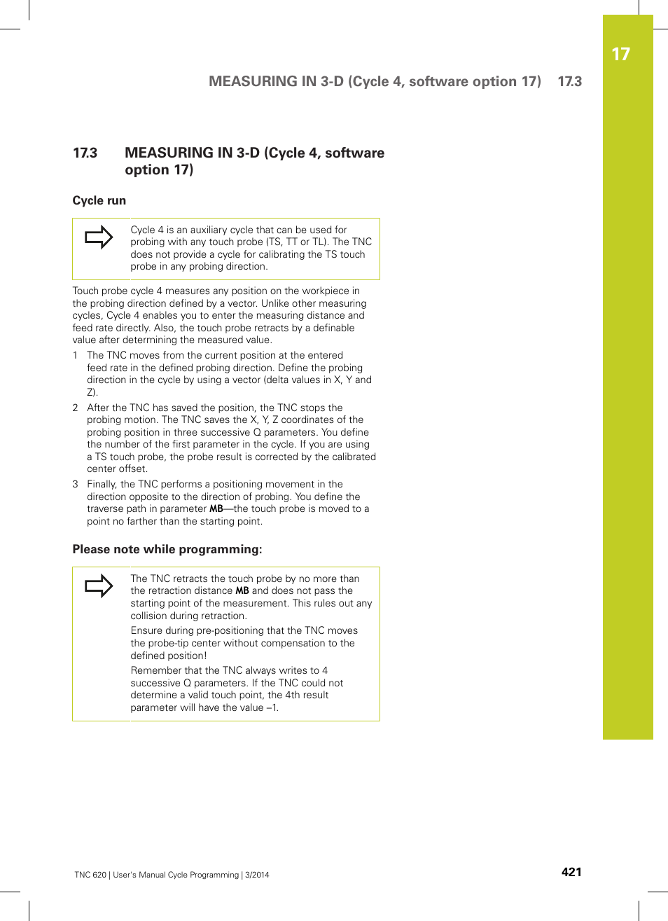 3 measuring in 3-d (cycle 4, software option 17), Cycle run, Please note while programming | Measuring in 3-d (cycle 4, software option 17) | HEIDENHAIN TNC 620 (81760x-01) Cycle programming User Manual | Page 421 / 488