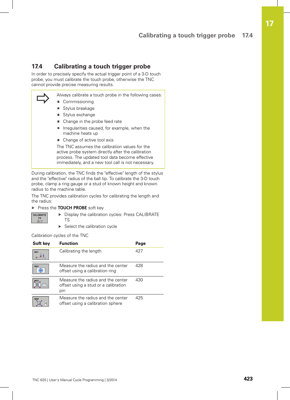 4 calibrating a touch trigger probe, Calibrating a touch trigger probe, Calibrating a touch trigger probe 17.4 | HEIDENHAIN TNC 620 (81760x-01) Cycle programming User Manual | Page 423 / 488