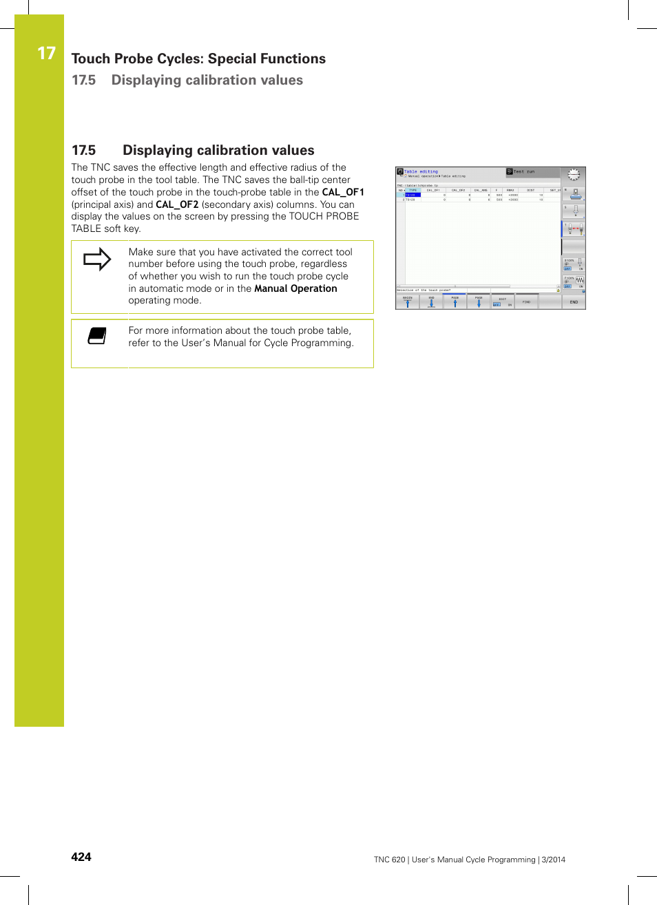 5 displaying calibration values, Displaying calibration values | HEIDENHAIN TNC 620 (81760x-01) Cycle programming User Manual | Page 424 / 488