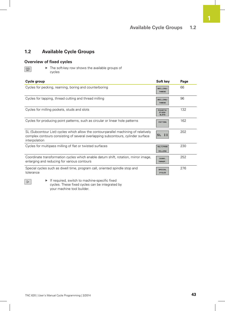 2 available cycle groups, Overview of fixed cycles, Available cycle groups | Available cycle groups 1.2 | HEIDENHAIN TNC 620 (81760x-01) Cycle programming User Manual | Page 43 / 488