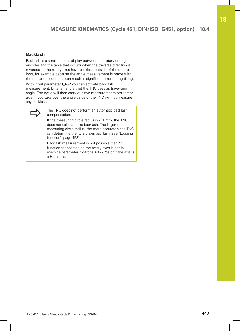 Backlash | HEIDENHAIN TNC 620 (81760x-01) Cycle programming User Manual | Page 447 / 488