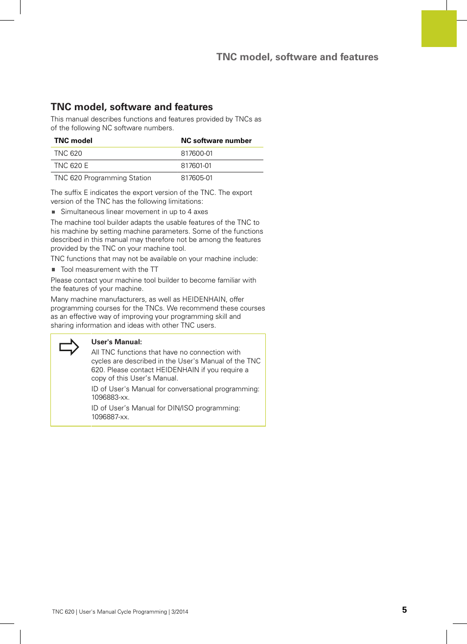 Tnc model, software and features | HEIDENHAIN TNC 620 (81760x-01) Cycle programming User Manual | Page 5 / 488