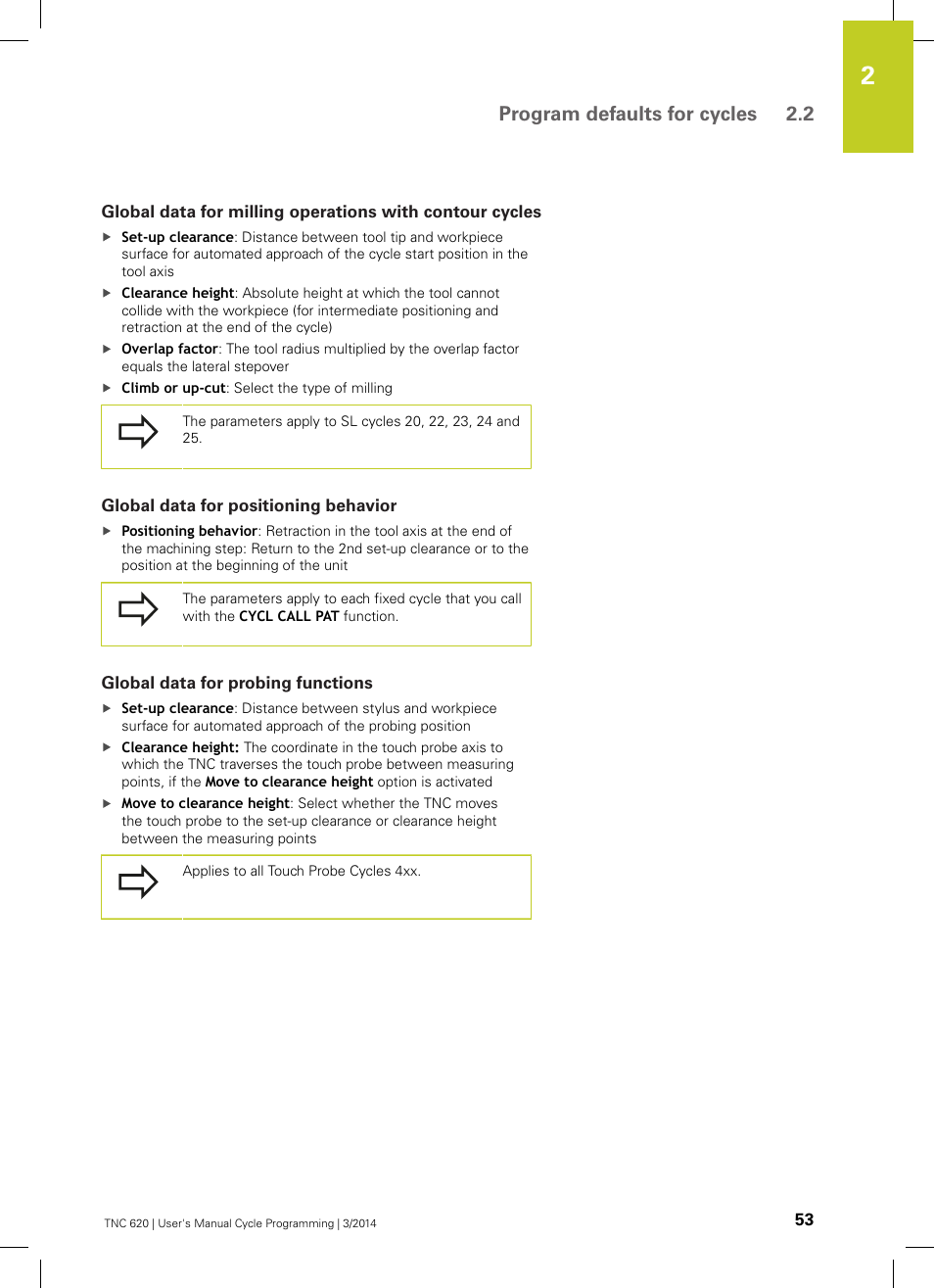 Global data for positioning behavior, Global data for probing functions, Program defaults for cycles 2.2 | HEIDENHAIN TNC 620 (81760x-01) Cycle programming User Manual | Page 53 / 488
