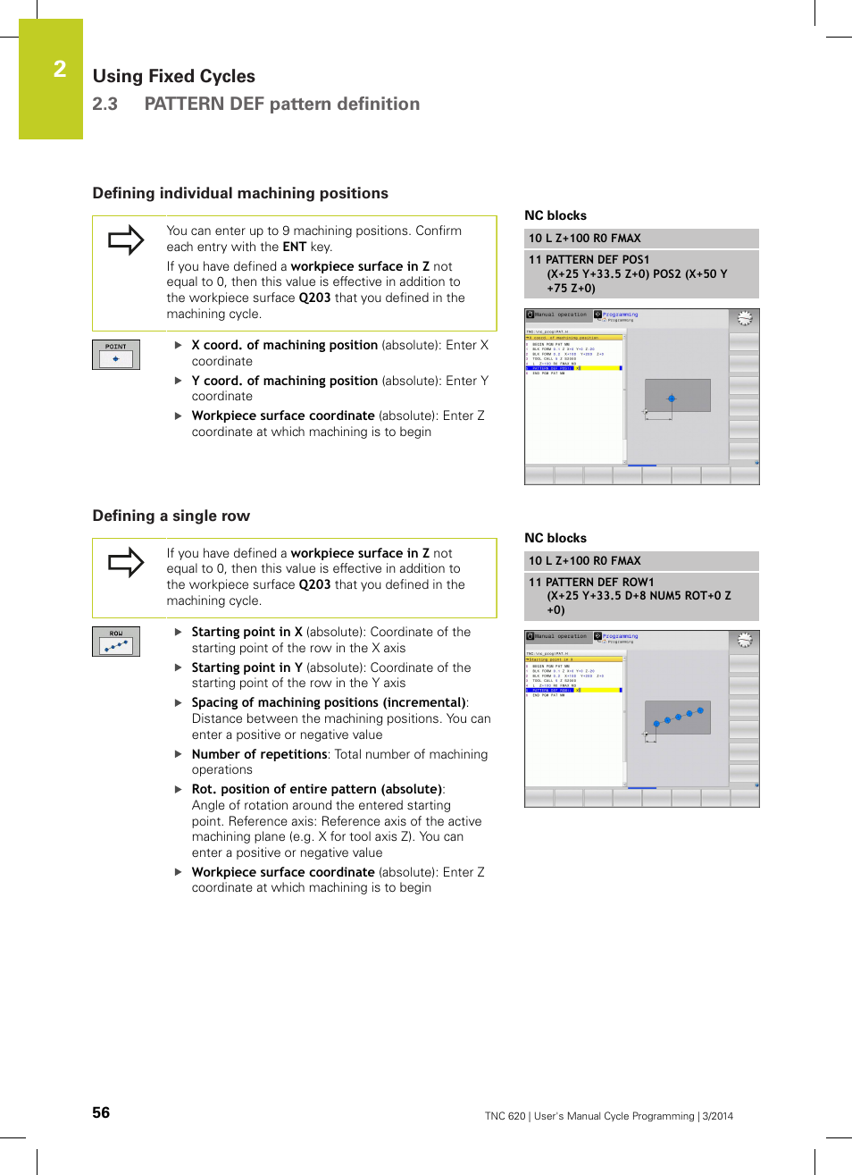 Defining individual machining positions, Defining a single row | HEIDENHAIN TNC 620 (81760x-01) Cycle programming User Manual | Page 56 / 488