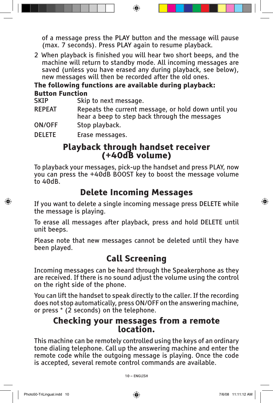 Playback through handset receiver (+40db volume), Delete incoming messages, Call screening | Checking your messages from a remote location | ClearSounds Photo50 V608 User Manual | Page 10 / 52