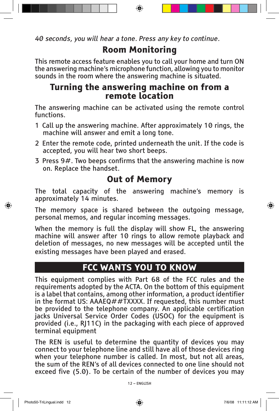Room monitoring, Fcc wants you to know | ClearSounds Photo50 V608 User Manual | Page 12 / 52