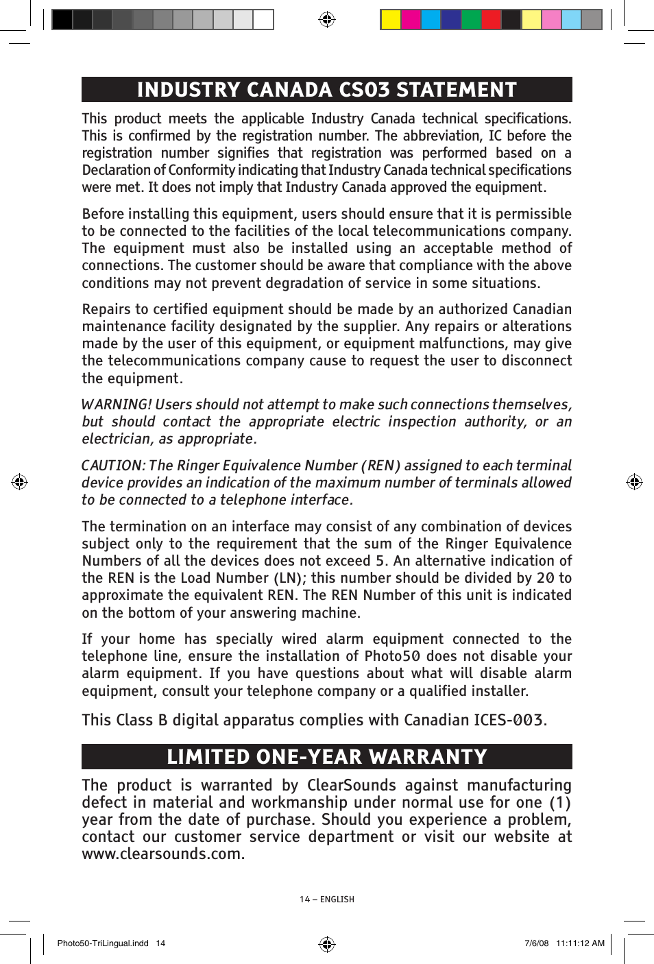 Industry canada cs03 statement, Limited one-year warranty | ClearSounds Photo50 V608 User Manual | Page 14 / 52
