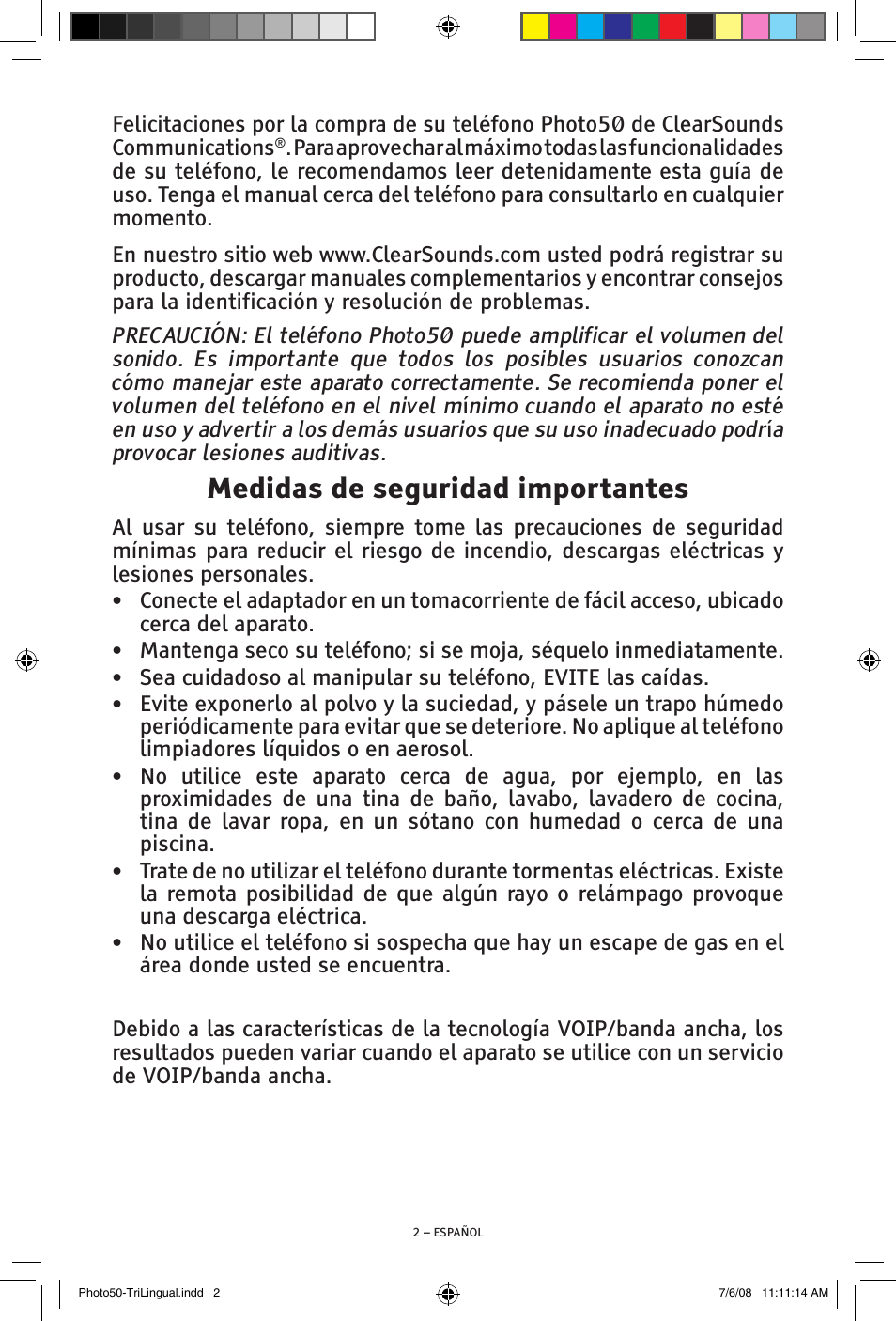 Medidas de seguridad importantes | ClearSounds Photo50 V608 User Manual | Page 18 / 52