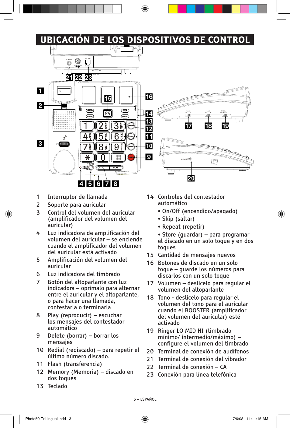Ubicación de los dispositivos de control | ClearSounds Photo50 V608 User Manual | Page 19 / 52