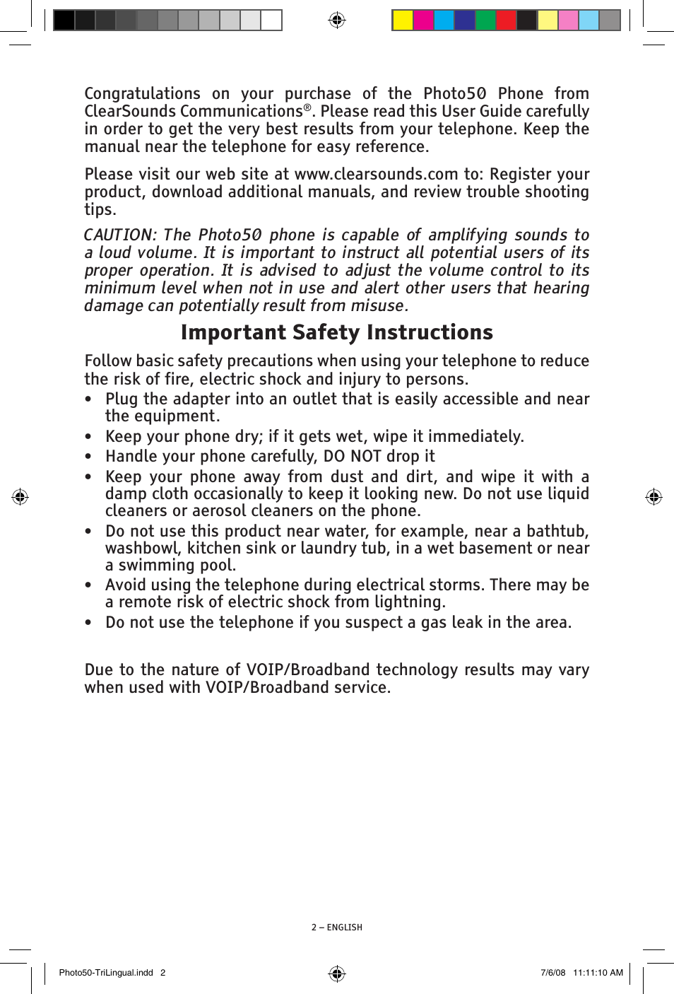 Important safety instructions | ClearSounds Photo50 V608 User Manual | Page 2 / 52