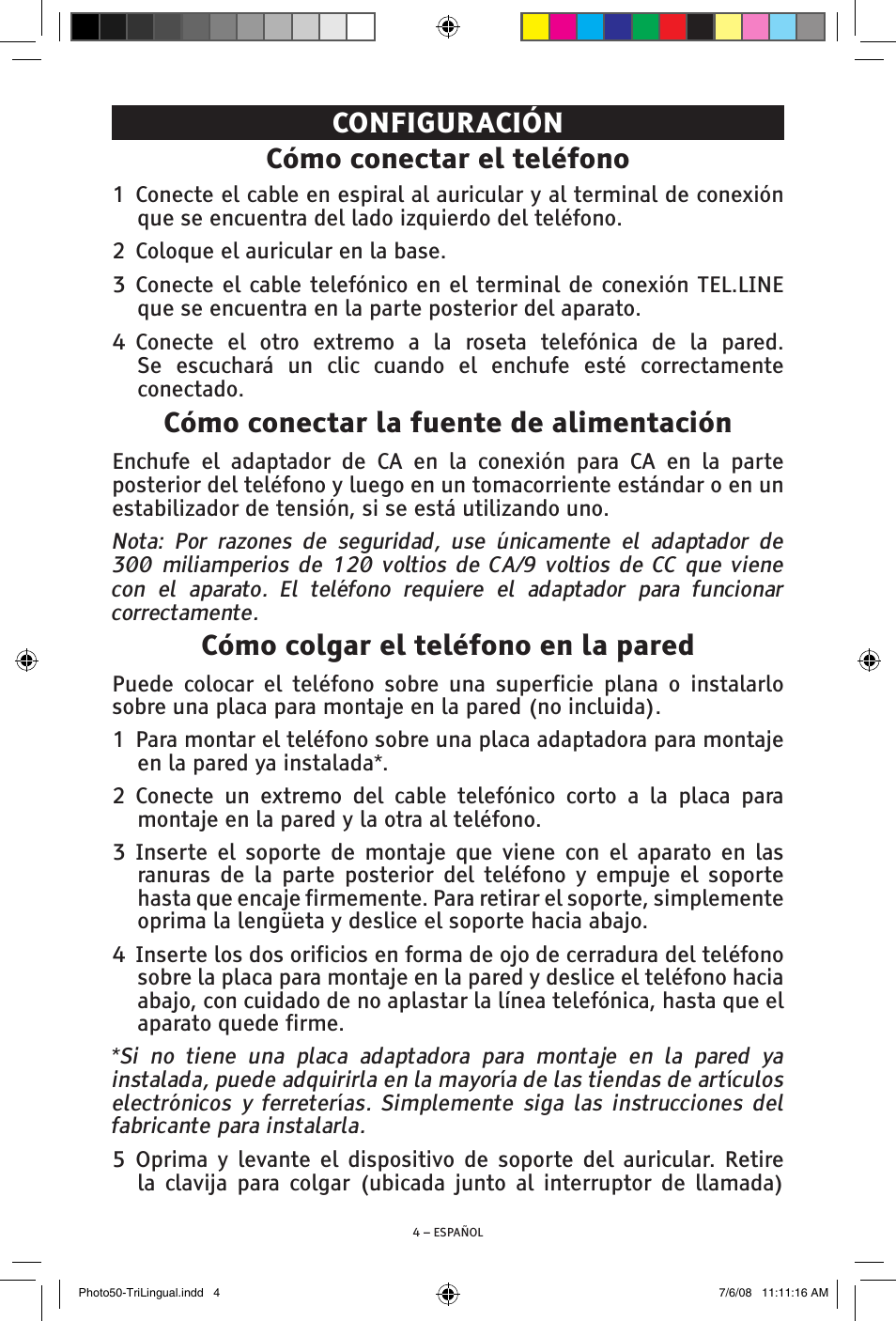 Configuración cómo conectar el teléfono, Cómo conectar la fuente de alimentación, Cómo colgar el teléfono en la pared | ClearSounds Photo50 V608 User Manual | Page 20 / 52