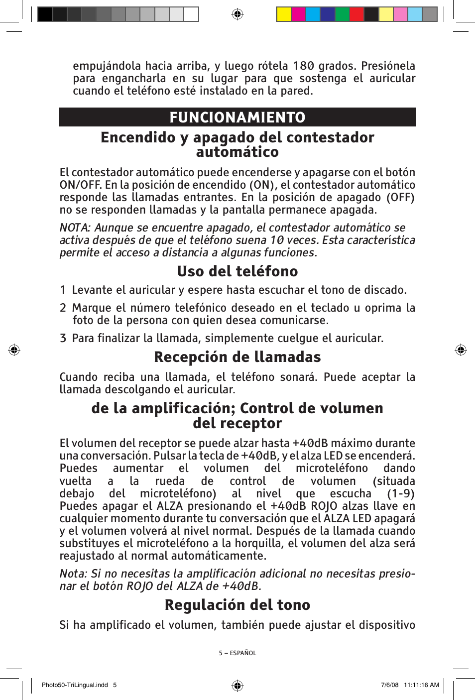 Uso del teléfono, Recepción de llamadas, Regulación del tono | ClearSounds Photo50 V608 User Manual | Page 21 / 52