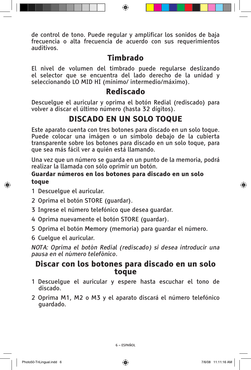 Timbrado, Rediscado, Discado en un solo toque | ClearSounds Photo50 V608 User Manual | Page 22 / 52