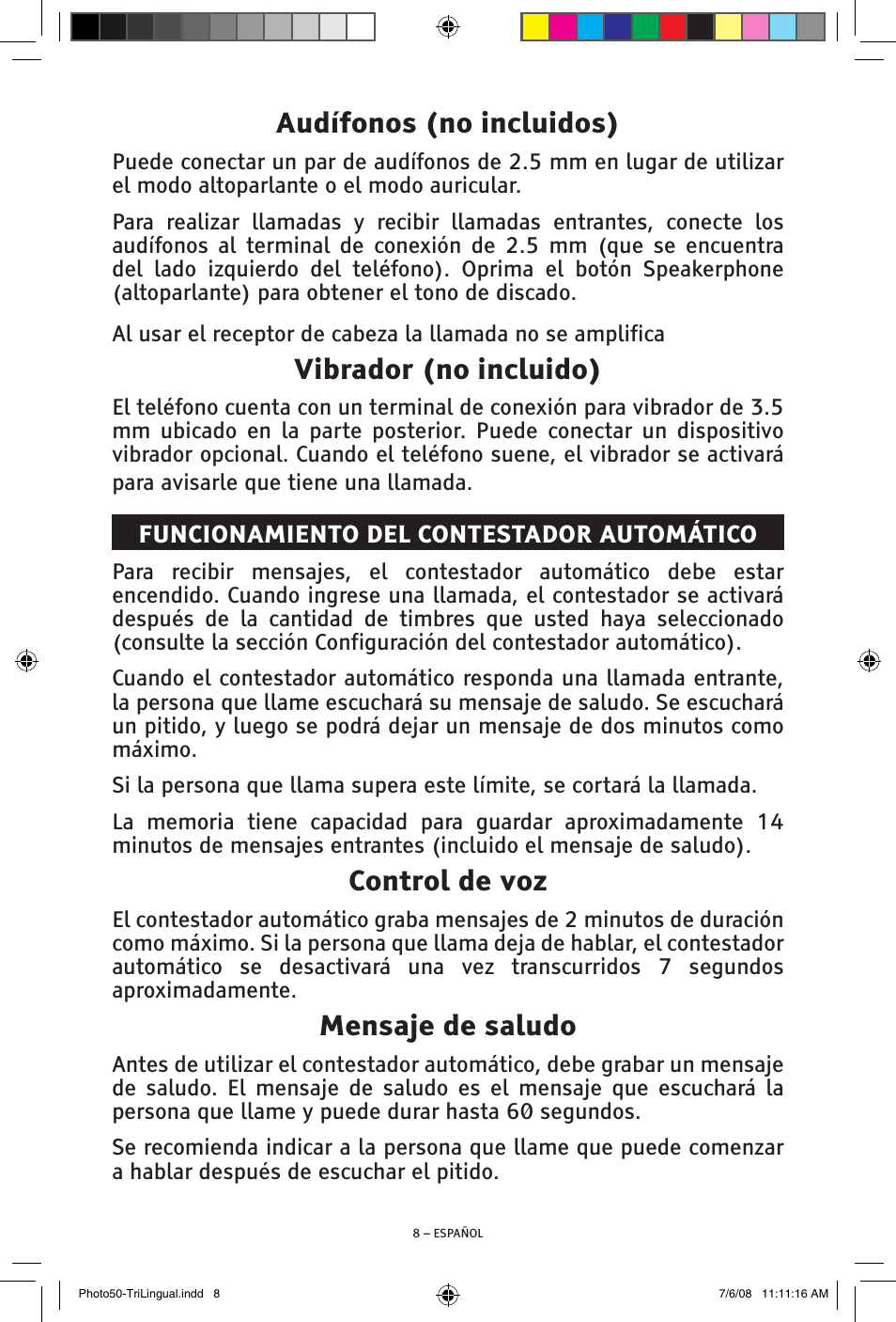 Audífonos (no incluidos), Vibrador (no incluido), Control de voz | Mensaje de saludo | ClearSounds Photo50 V608 User Manual | Page 24 / 52