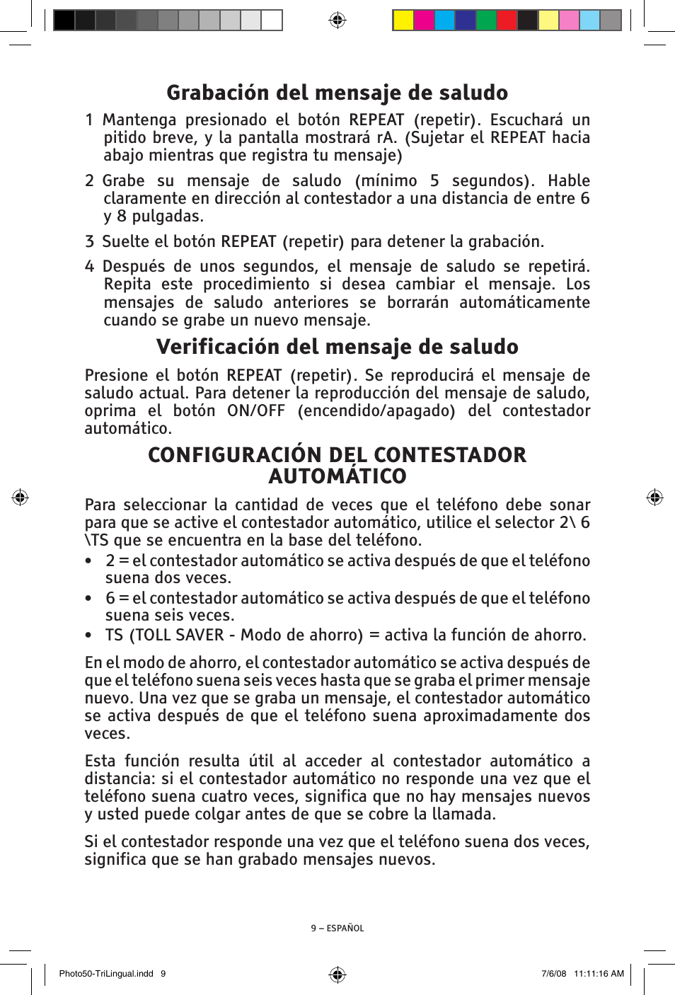 Grabación del mensaje de saludo, Verificación del mensaje de saludo, Configuración del contestador automático | ClearSounds Photo50 V608 User Manual | Page 25 / 52