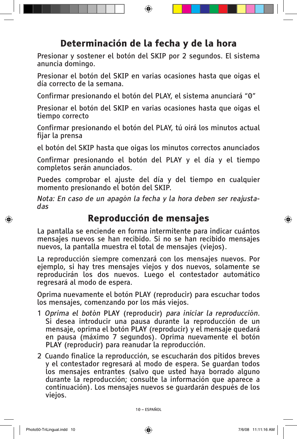 Determinación de la fecha y de la hora, Reproducción de mensajes | ClearSounds Photo50 V608 User Manual | Page 26 / 52