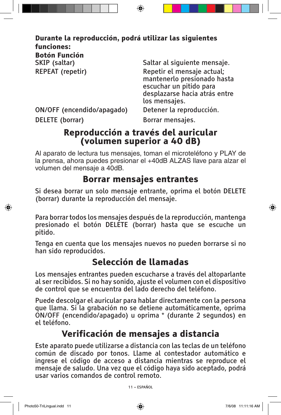 Borrar mensajes entrantes, Selección de llamadas, Verificación de mensajes a distancia | ClearSounds Photo50 V608 User Manual | Page 27 / 52