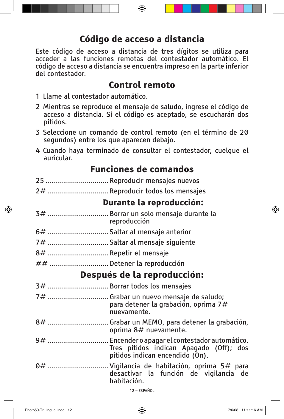 Código de acceso a distancia, Control remoto, Funciones de comandos | Después de la reproducción, Durante la reproducción | ClearSounds Photo50 V608 User Manual | Page 28 / 52