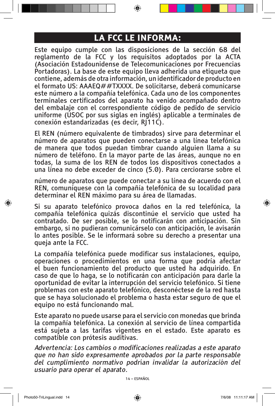 La fcc le informa | ClearSounds Photo50 V608 User Manual | Page 30 / 52