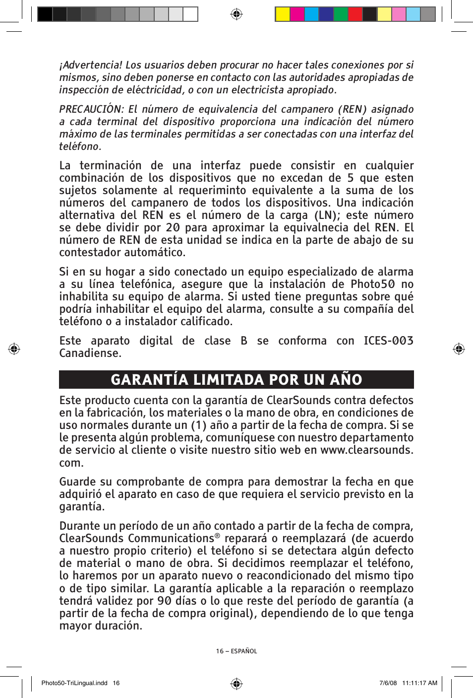 Garantía limitada por un año | ClearSounds Photo50 V608 User Manual | Page 32 / 52