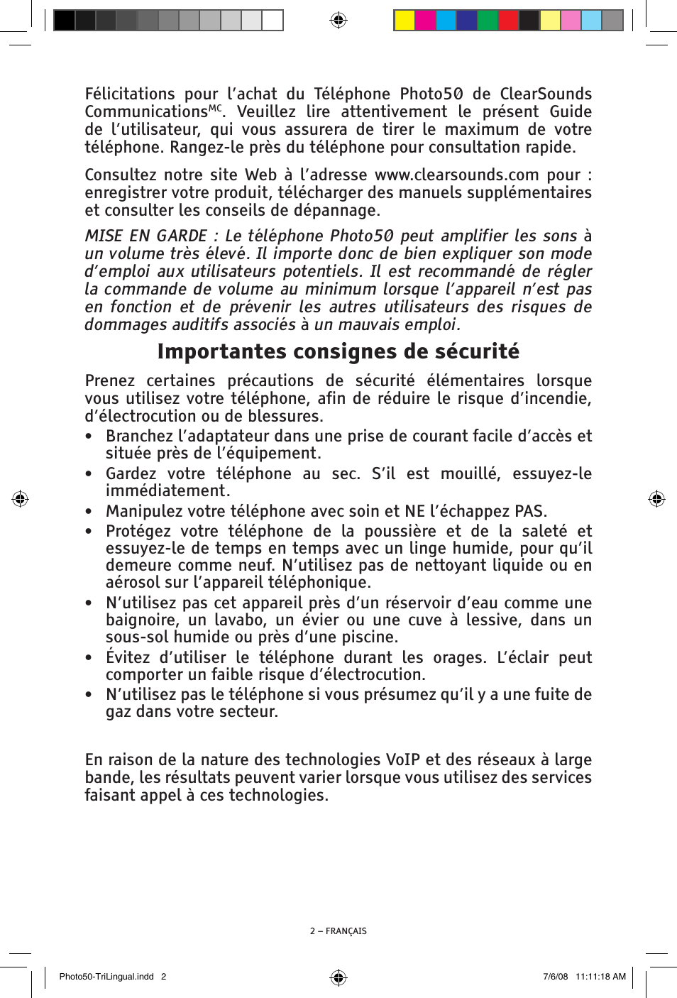 Importantes consignes de sécurité | ClearSounds Photo50 V608 User Manual | Page 36 / 52