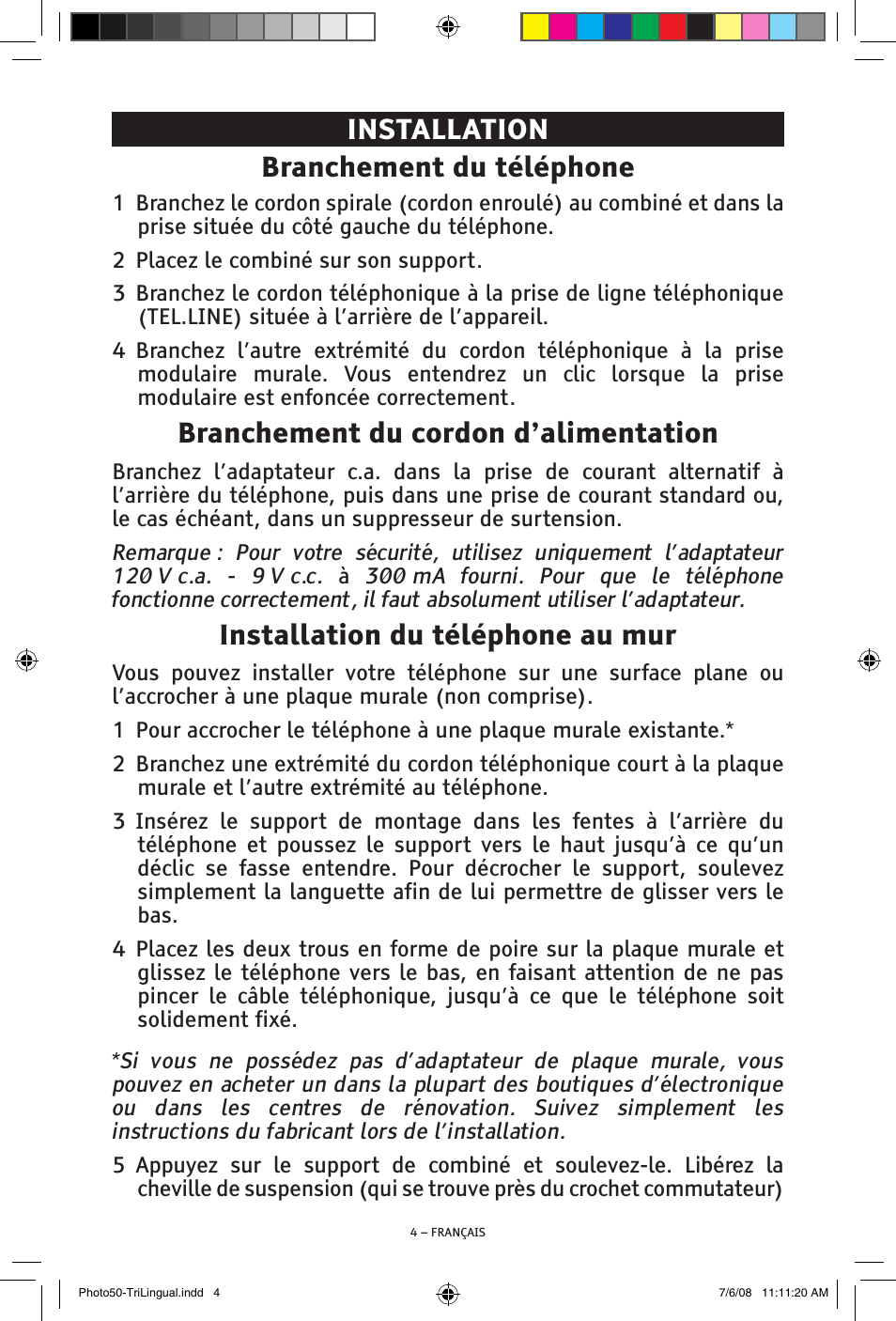 Installation branchement du téléphone, Branchement du cordon d’alimentation, Installation du téléphone au mur | ClearSounds Photo50 V608 User Manual | Page 38 / 52