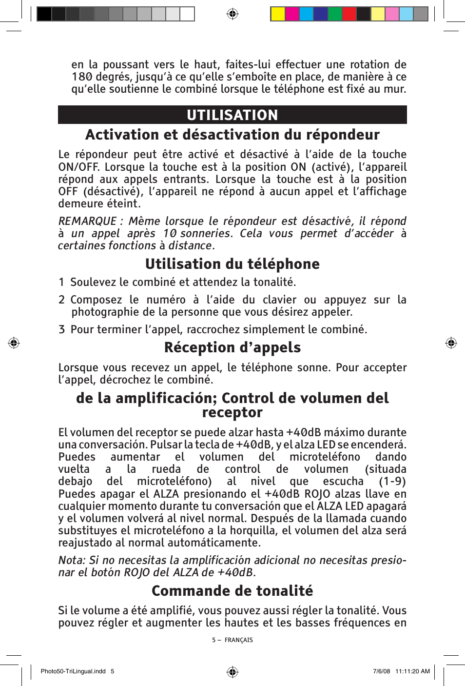 Utilisation du téléphone, Réception d’appels, Commande de tonalité | ClearSounds Photo50 V608 User Manual | Page 39 / 52