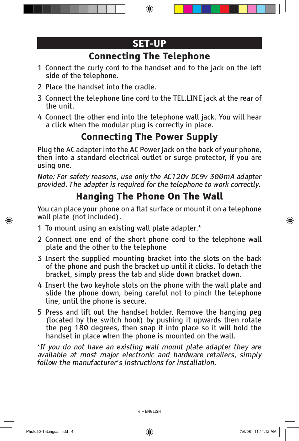 Set-up connecting the telephone, Connecting the power supply, Hanging the phone on the wall | ClearSounds Photo50 V608 User Manual | Page 4 / 52