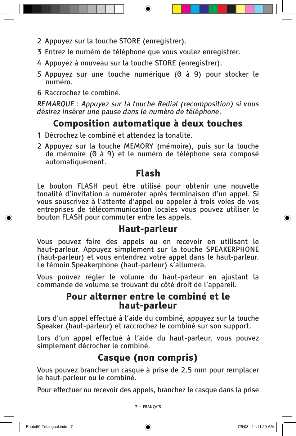 Composition automatique à deux touches, Flash, Haut-parleur | Pour alterner entre le combiné et le haut-parleur, Casque (non compris) | ClearSounds Photo50 V608 User Manual | Page 41 / 52