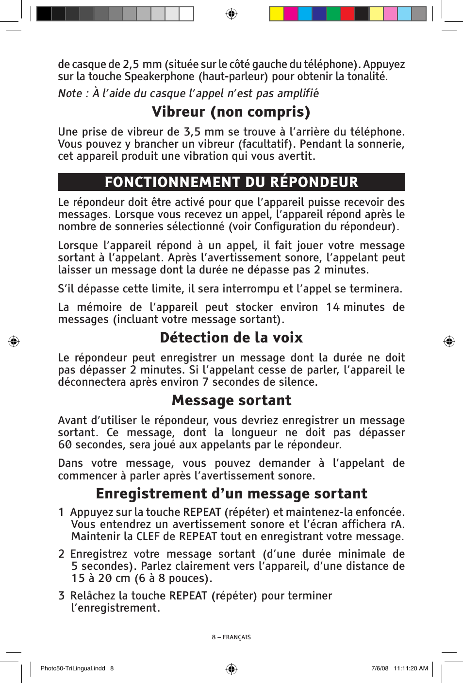 Vibreur (non compris), Fonctionnement du répondeur, Détection de la voix | Message sortant, Enregistrement d’un message sortant | ClearSounds Photo50 V608 User Manual | Page 42 / 52