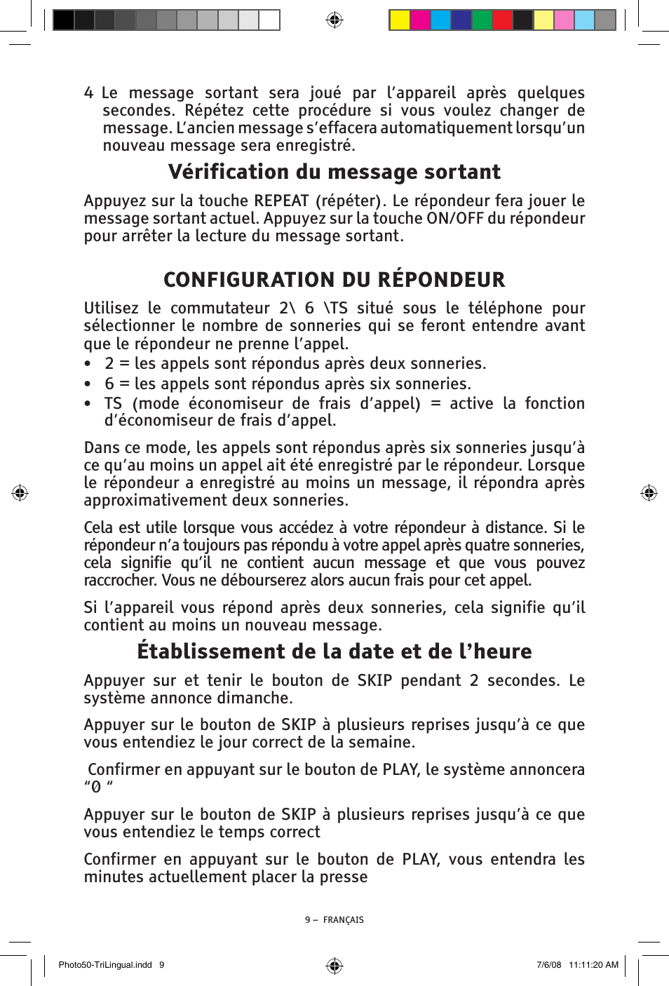Vérification du message sortant, Configuration du répondeur, Établissement de la date et de l’heure | ClearSounds Photo50 V608 User Manual | Page 43 / 52
