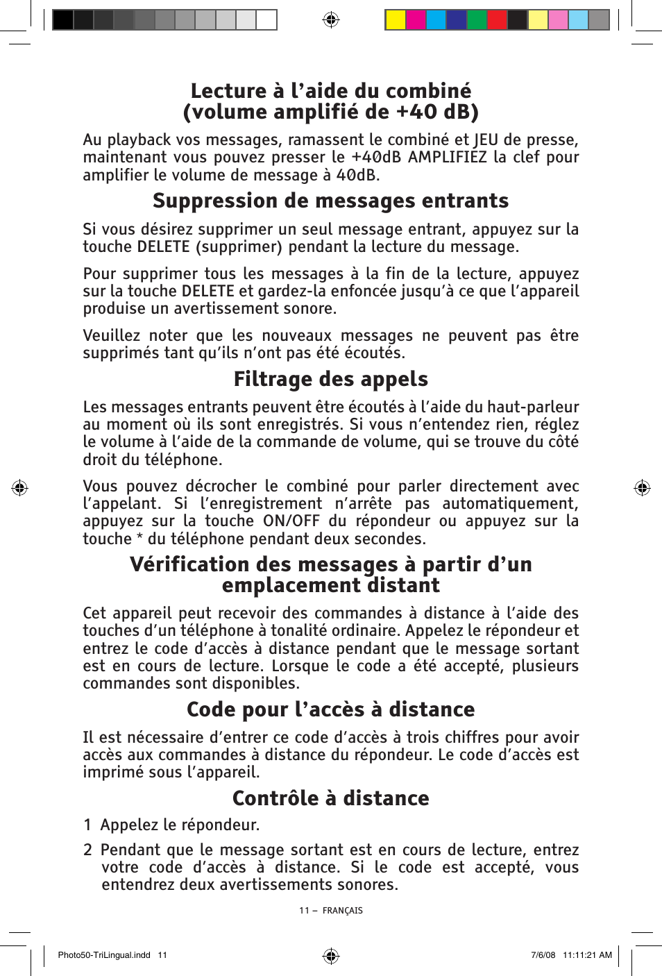 Suppression de messages entrants, Filtrage des appels, Code pour l’accès à distance | Contrôle à distance | ClearSounds Photo50 V608 User Manual | Page 45 / 52