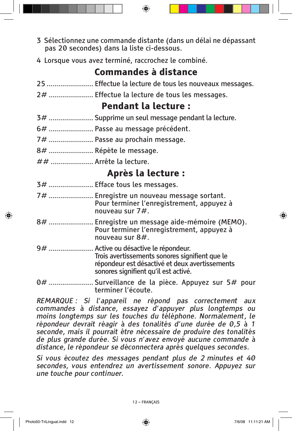 Commandes à distance, Pendant la lecture, Après la lecture | ClearSounds Photo50 V608 User Manual | Page 46 / 52